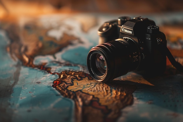 World graphy day with camera lens world map