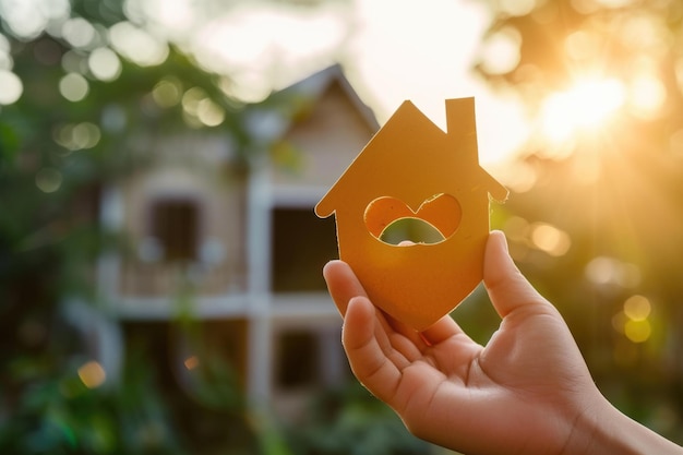 World Habitat Day close up picture of a model house and hand holding paper heart