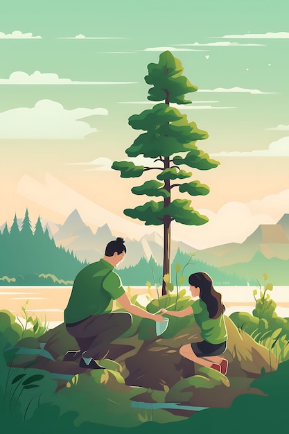 나무를 심는 가족과 함께하는 세계 서식지의 날 Green and Bro International Day 크리에이티브 포스터 아트