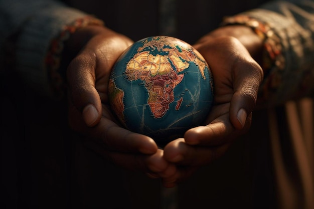 a world in the hands of a man holding a globe.