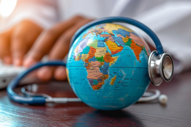 Foto connessione sanitaria mondiale il medico utilizza concettualmente lo stetoscopio su un globo