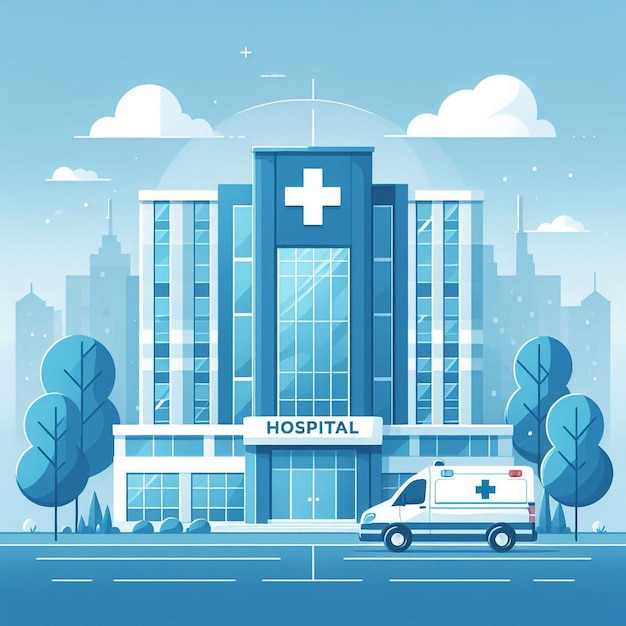 World Health Day Ambulance amp Hospital Scene Modern Blue Hospital Building