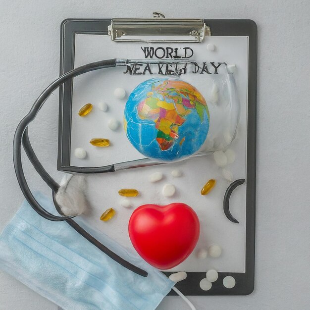 Фото Всемирный день здоровья клипборд со стетоскопом сердце планета земля медицинская маска и таблетки на свете