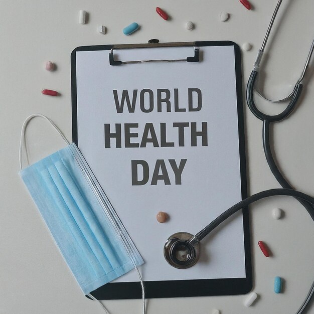 World Health Day Clipboard with stethoscopeHeart Planet Earth medical mask and pills on light