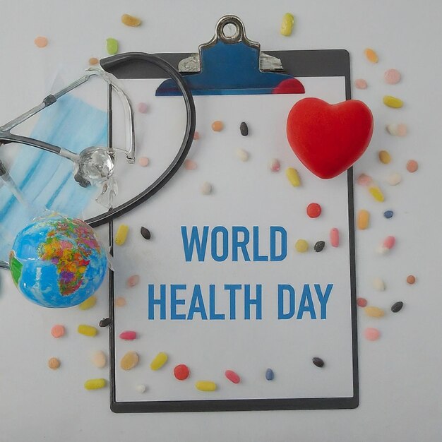 Photo world health day clipboard with stethoscopeheart planet earth medical mask and pills on light