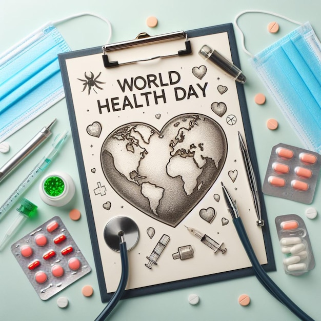 World Health Day Clipboard with stethoscopeHeart Planet Earth medical mask and pills on light