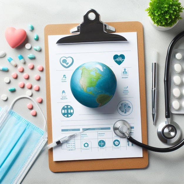 World Health Day Clipboard with stethoscopeHeart Planet Earth medical mask and pills on light