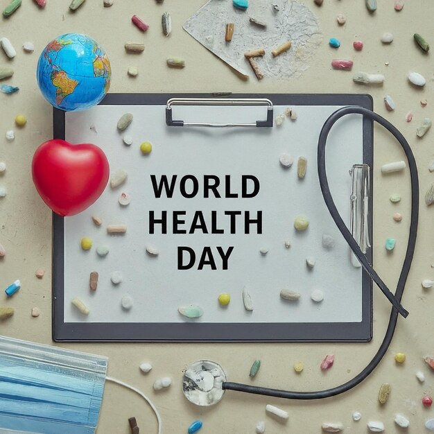 World Health Day Clipboard with stethoscopeHeart Planet Earth medical mask and pills on light