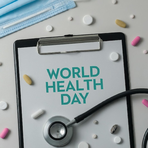 World Health Day Clipboard with stethoscopeHeart Planet Earth medical mask and pills on light