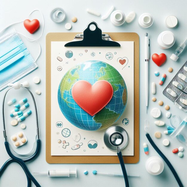 Photo world health day clipboard with stethoscopeheart planet earth medical mask and pills on light