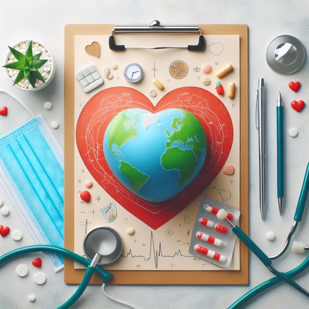 Foto giornata mondiale della salute clipboard con stetoscopio heart planet earth maschera medica e pillole in luce
