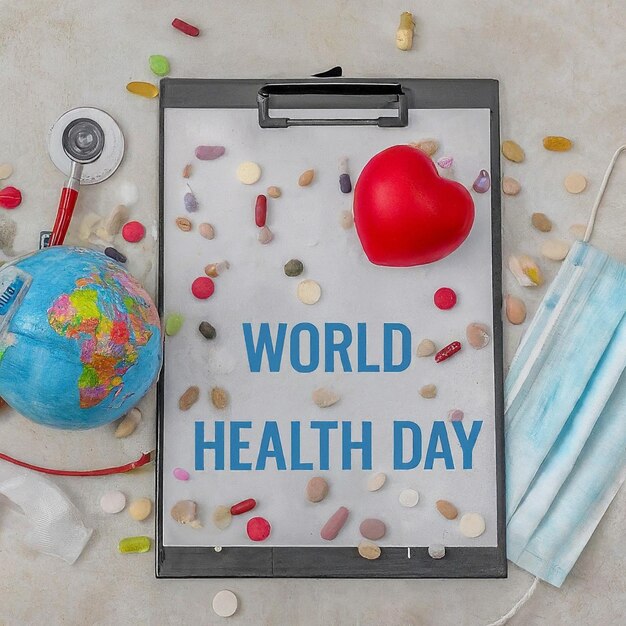 World Health Day Clipboard with stethoscopeHeart Planet Earth medical mask and pills on light