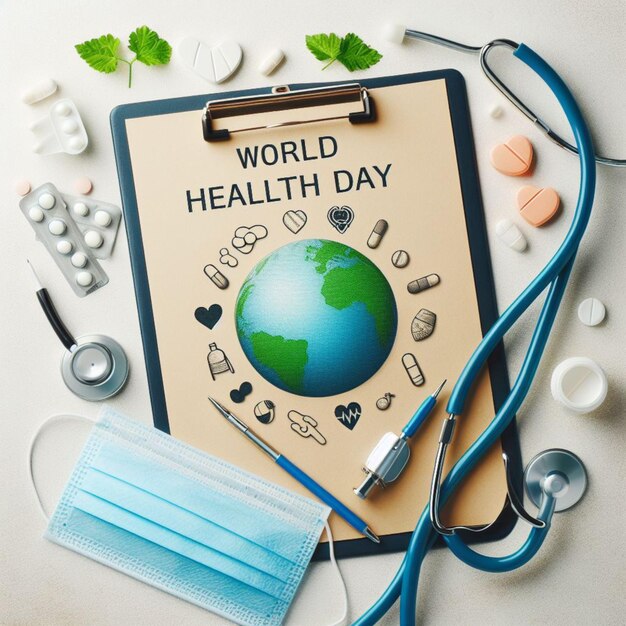 World Health Day Clipboard with stethoscopeHeart Planet Earth medical mask and pills on light