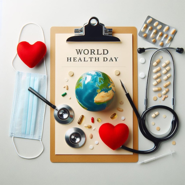 World Health Day Clipboard with stethoscopeHeart Planet Earth medical mask and pills on light