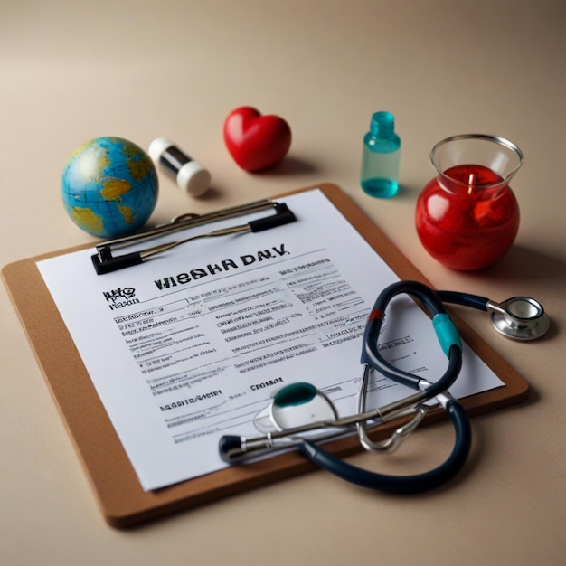 World Health Day Clipboard with stethoscopeHeart Planet Earth medical mask and pills on light