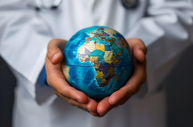 Photo world health day close up of doctor holding earth globe
