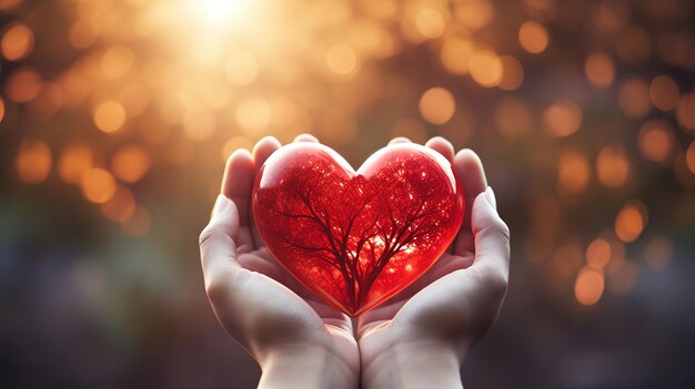 World health day concept Human hands holding heart shape of red tree over Generative Ai