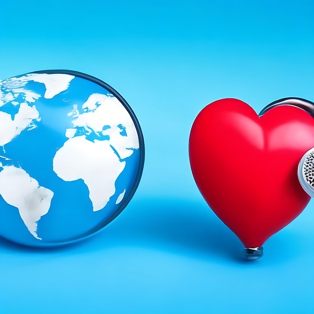 세계 보건의 날 컨셉: 파란색 배경에 스테토스코프 글로브와 은 심장
