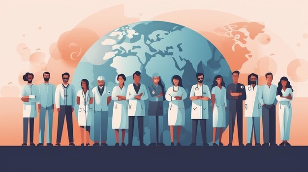 World Health Day illustration concept with a Group of staff medical doctors and nurses standing in front of the world globe Generative AI