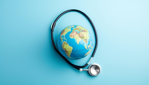 Photo world health day stethoscope wrapped around globe on blue background