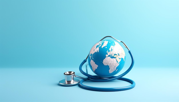 World health day Stethoscope wrapped around globe on blue background