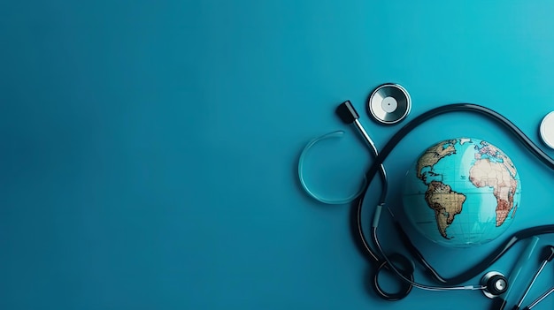 World health day with stethoscope and miniature earth on blue background