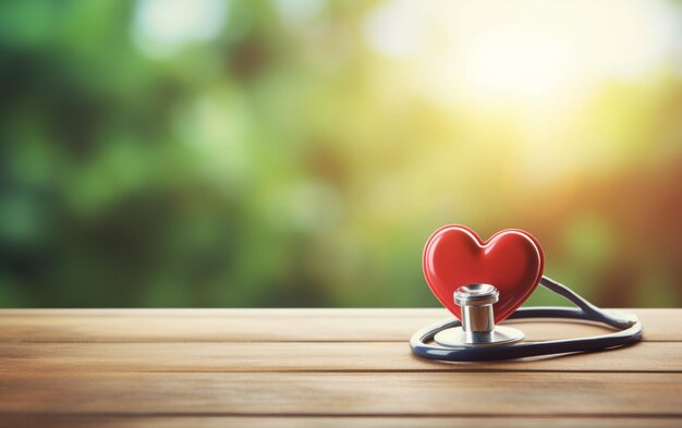 Photo world health dayred heart and stethoscope on old wood table copy space background for textmedical