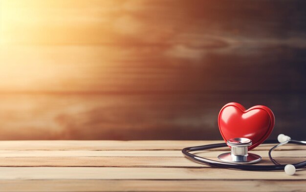 Photo world health dayred heart and stethoscope on old wood table copy space background for textmedical