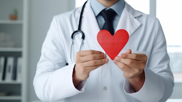 World Heart Day Doctors Hand with Red Heart Generative ai