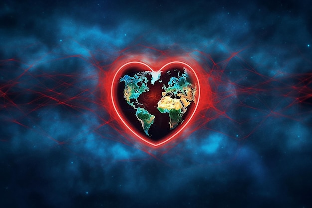 World heart day human heart beat with world map concept banner