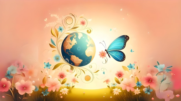 Photo world here abstract nature spring background spring flower and butterfly