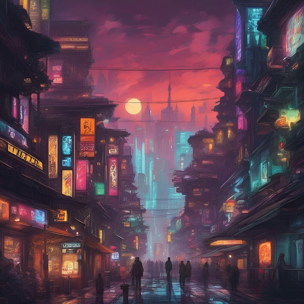 World historical places cartoon cyberpunk vibrant colors