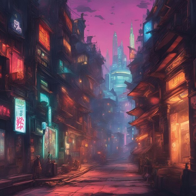 World historical places cartoon cyberpunk vibrant colors