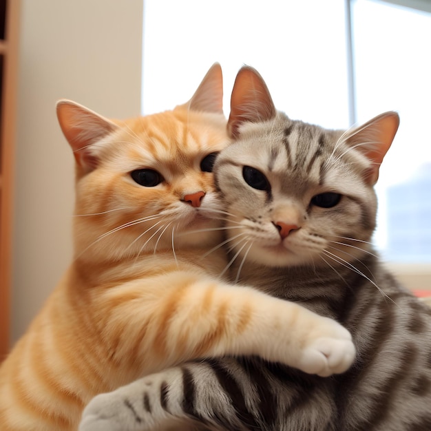 World hug day concept Two cats cuddling together on a chair at home