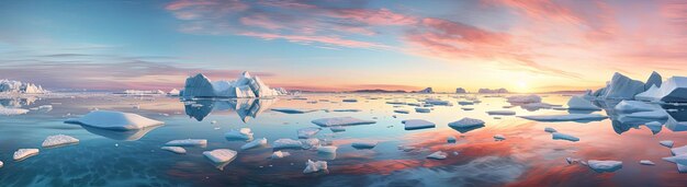 the world of icebergs on the water by sunset