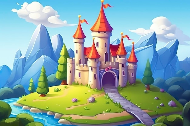 A World of Imagination A 3D Landscape with Blue Sky White Clouds Green Grass Mountains a River and a Large Castle AI Generative
