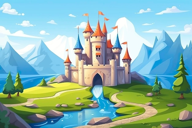 A world of imagination a 3d landscape with blue sky white clouds green grass mountains a river and a large castle ai generative