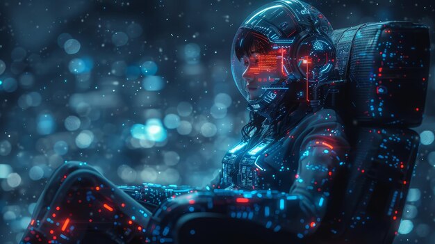 Photo world is controlled by artificial intelligence female robot queen sits on throne beautiful cyborg woman with ai on podium in cyberspace image of cyborg girl with neural network