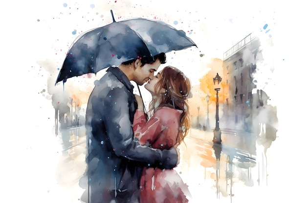 Photo world kissing day young couple in love kissing under umbrella in watercolor style