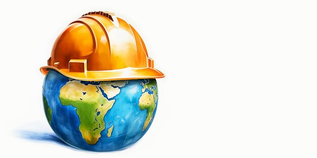 World labor day concept Watercolor Planet Earth in helmet on white banner