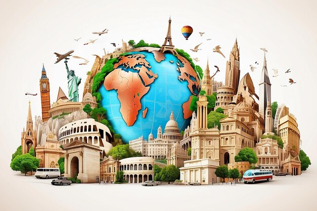 World landmarks photo collage isolated on white background travel tourism and study around the world concept illustration