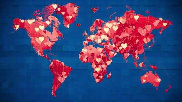 World map background with decorative red hearts