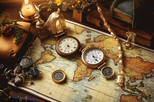 World map background with decorative travel objects