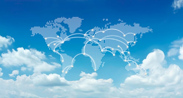 World map in the blue sky with clouds world atlas on cloud in\
sky show globe communicate environment save earth worldwide\
business global network travel map earth day concept