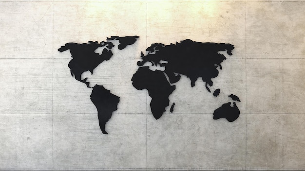 World map on concrete wall under spot light 3D rendering