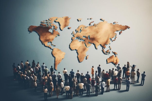 Карта мира и толпа людей на туманном фоне 3D-рендеринг Мультикультурные люди образуют карту мира в толпе