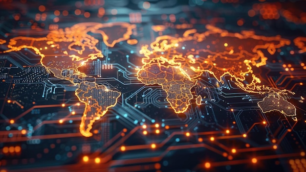 Photo world map digital tech circuit board background