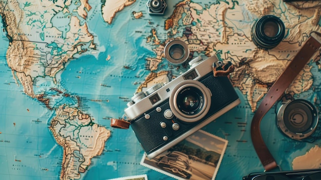 Photo a world map displayed on a wooden table blending art and geography aig