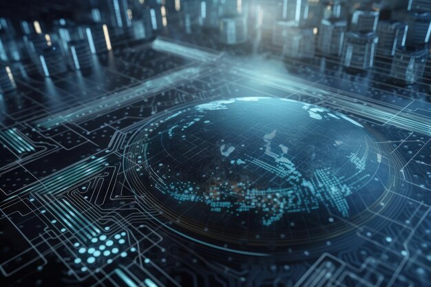 World map embedded in a computer circuit board created with Generative AI technology