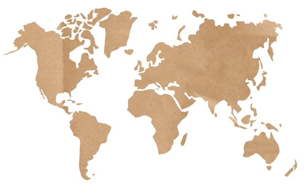 World map from brown craft paper on a white isolated background the continents of the planet